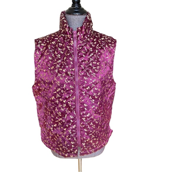 April Cornell Puffer Vest Women's Size Medium Purple Gold Embroidered - Picture 1 of 8